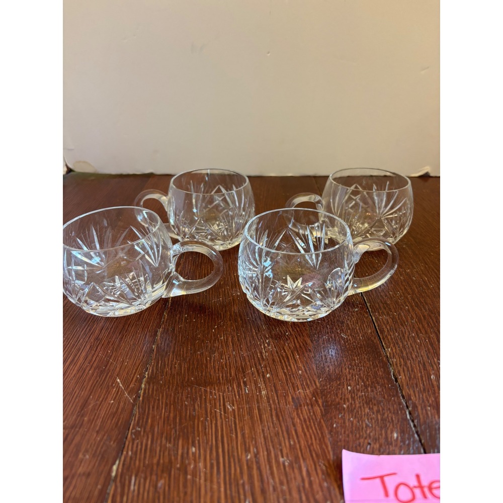 Vintage Cut Crystal Starburst Punch Cups Set of 4 Clear Glass Tea Mugs 2.25in